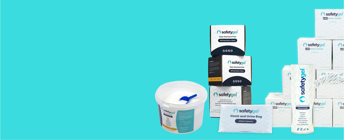 Key products within the SafetyGel super absorbent product range including tubs, vomit bags, pads and sachets